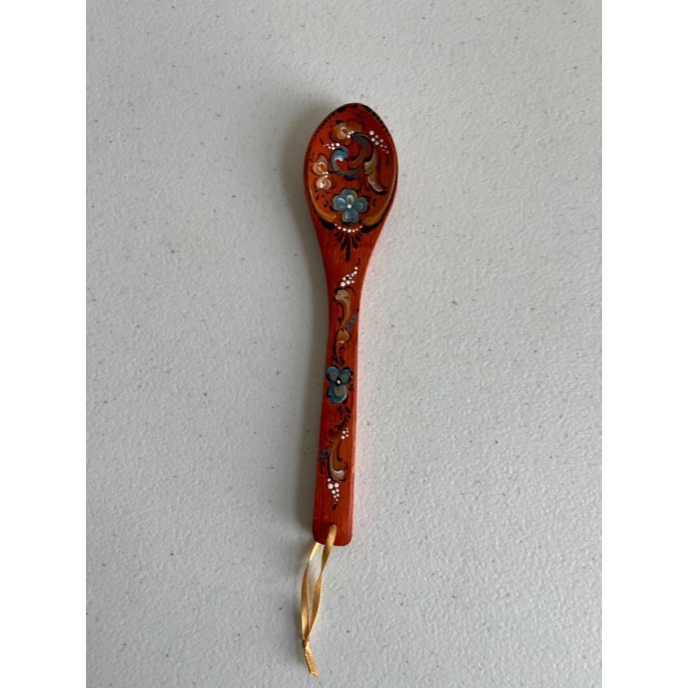 Scandinavian Painted Wooden Spoon Flowers Floral Bohemian 7" Decorative Red